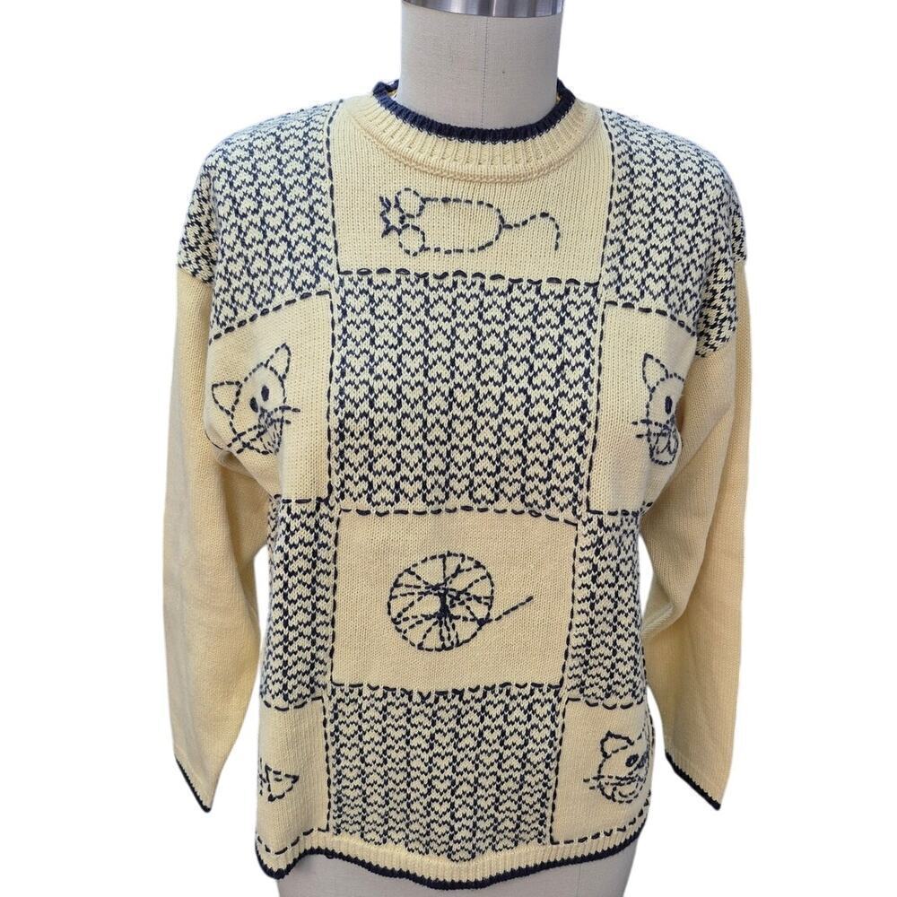 Vtg Cat Lady sweater Christopher & Banks Cotton Yellow Navy Blue Heart/Cats Sz L